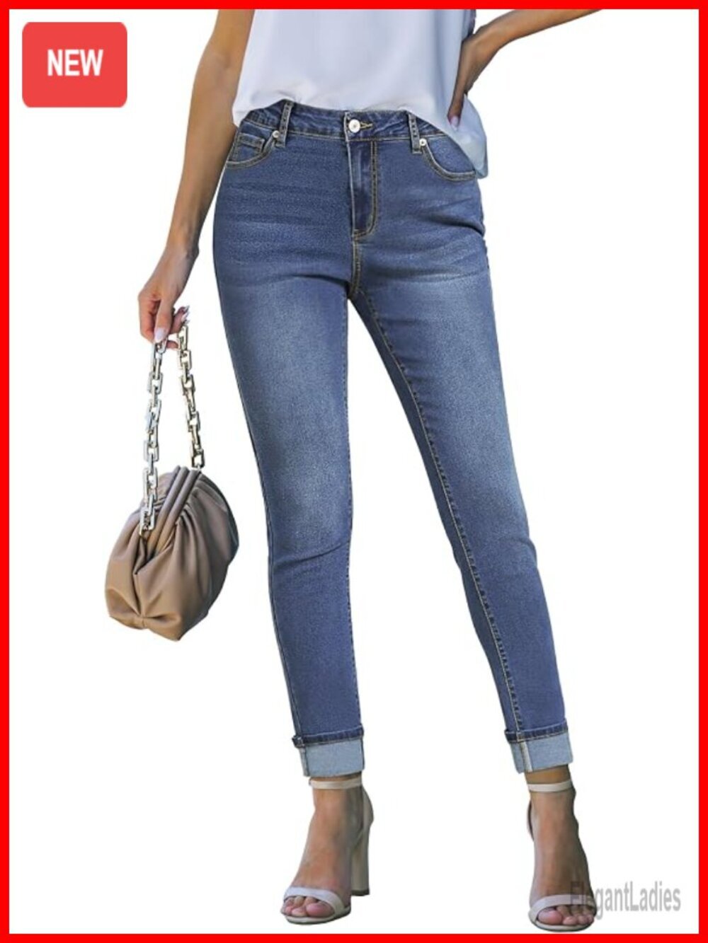 High Waisted Skinny Jeans with Fold Hem, Stretchy Denim, 5 Pockets, 27" Inseam